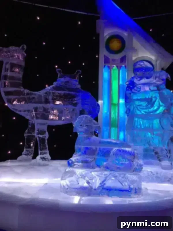 Inside Queen Mary CHILL, Long Beach with intricate ice sculptures.