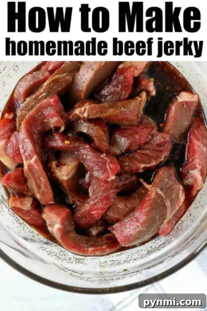 A glass bowl containing marinated strips of raw beef is shown from above. The text above the image reads, "How to Make homemade air fryer beef jerky." The beef strips are soaking in a dark sauce, appearing ready for the next step in the jerky preparation process.