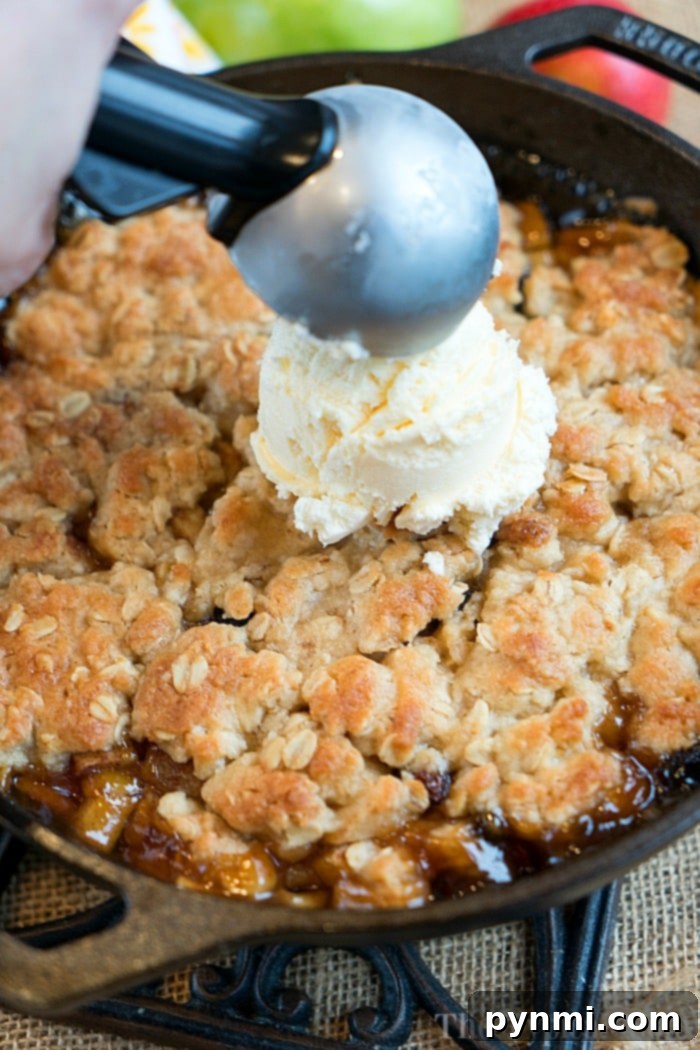Skillet-Baked Apple Crisp with Toasted Oats 10 Serving up homemade vanilla ice cream over a warm cast iron apple crisp, creating the perfect blend of sweet and tart flavors.
