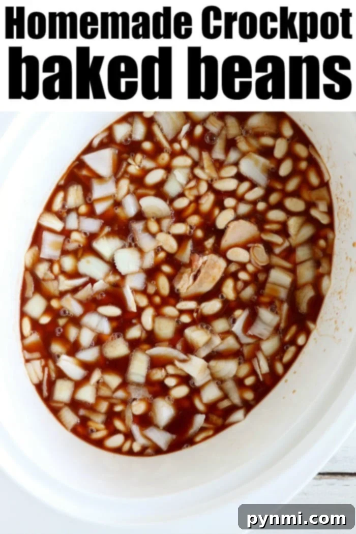 Crockpot baked beans recipe is homemade using dry beans, and so much better than canned! You'll never buy them at the store again after trying these. #crockpotrecipes #crockpotbakedbeans #bakedbeans #slowcooker #homemadebakedbeans #homemade #sidedsih easy crockpot baked beans with canned beans