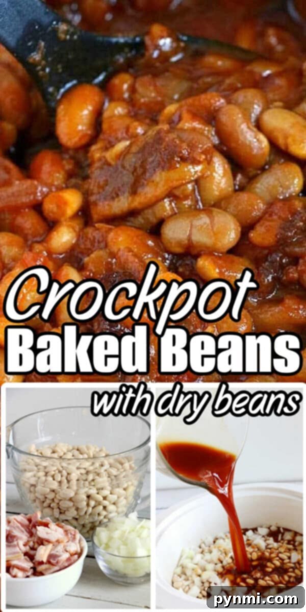 Slow Cooker Baked Beans from Scratch 4 Close-up of baked beans in sauce, with ingredients like dry beans, bacon, and sauce in separate bowls—perfect for making a Crockpot Baked Beans Recipe with Dry Beans.