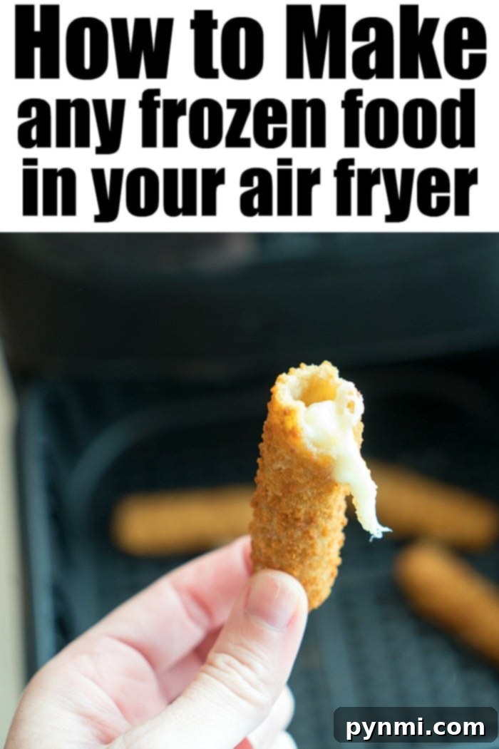 Assortment of air-fried frozen foods including mozzarella sticks, french fries, and chicken nuggets.