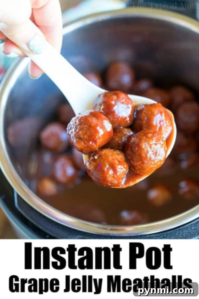 Instant Pot Grape Jelly Meatballs: Sweet and savory appetizer with frozen meatballs.