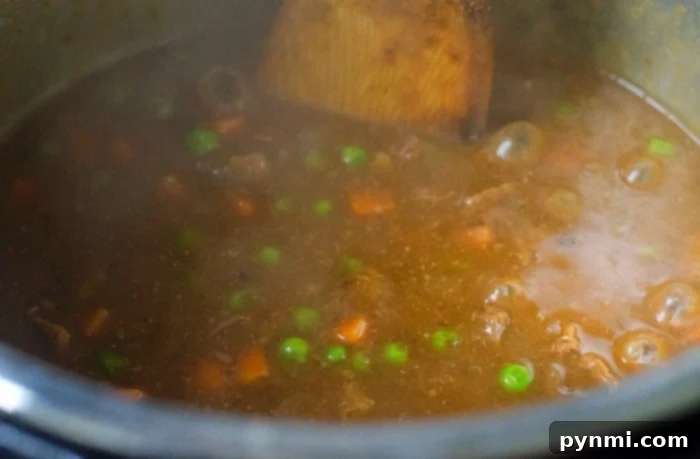 Stew with peas and carrots simmering in a Ninja Foodi, stirred with a wooden spoon.