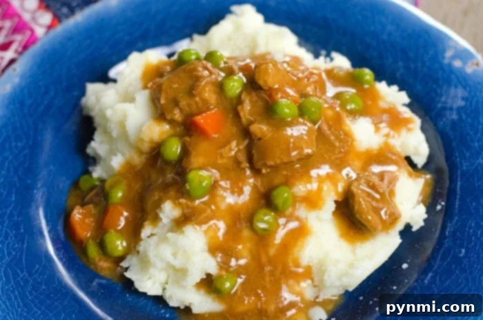 Mashed potatoes topped with a savory ninja foodi stew, peas, and carrots rest elegantly on a blue plate.