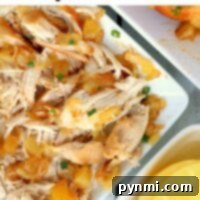 A top-down view of a Crockpot Hawaiian chicken dish, garnished with fresh herbs and served in a bowl, showcasing its rich, saucy texture and inviting presentation.