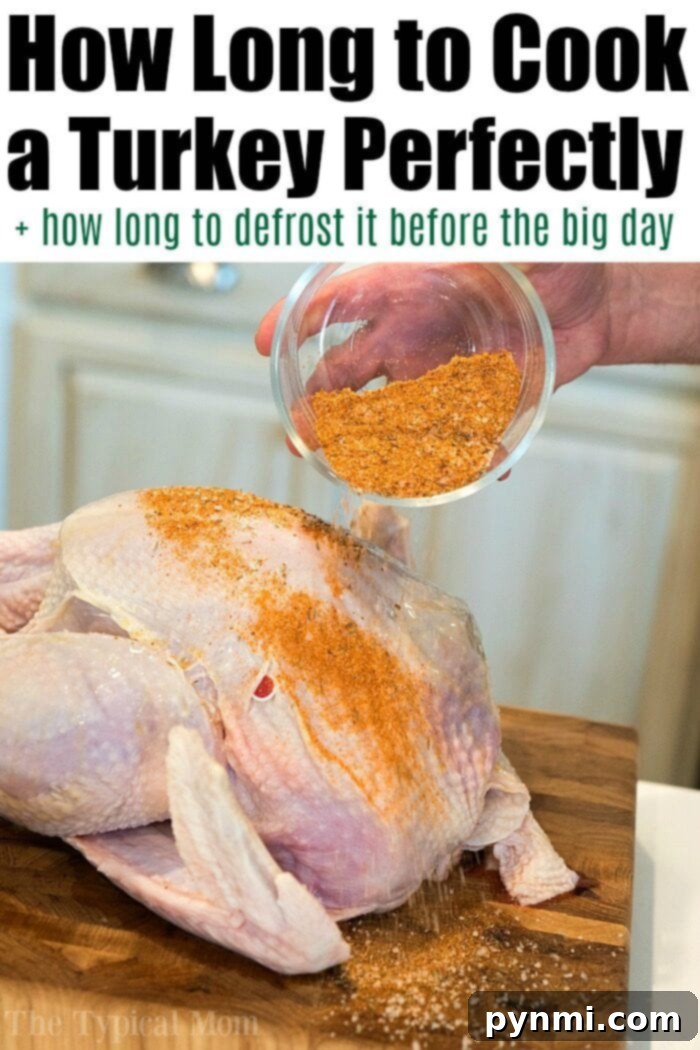 A comprehensive turkey defrosting chart, providing clear instructions and estimated times for thawing a frozen turkey safely. The chart helps users plan ahead for their holiday meal preparation.