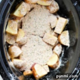 Crockpot steak and potatoes featuring chopped potatoes topped with breadcrumbs and seasoning.