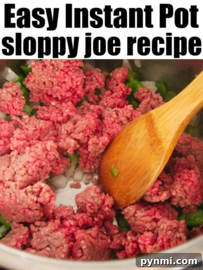 One-Pot Instant Pot Sloppy Joes: Quick & Flavorful Ground Beef Dinner Ground meat and chopped vegetables being stirred in an Instant Pot with a wooden spoon, displaying the text 'Easy Instant Pot Sloppy Joes recipe'.
