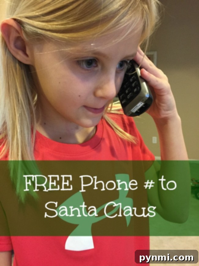 A child happily holding a phone to their ear, listening intently, with a festive Christmas background, symbolizing a call to Santa Claus.
