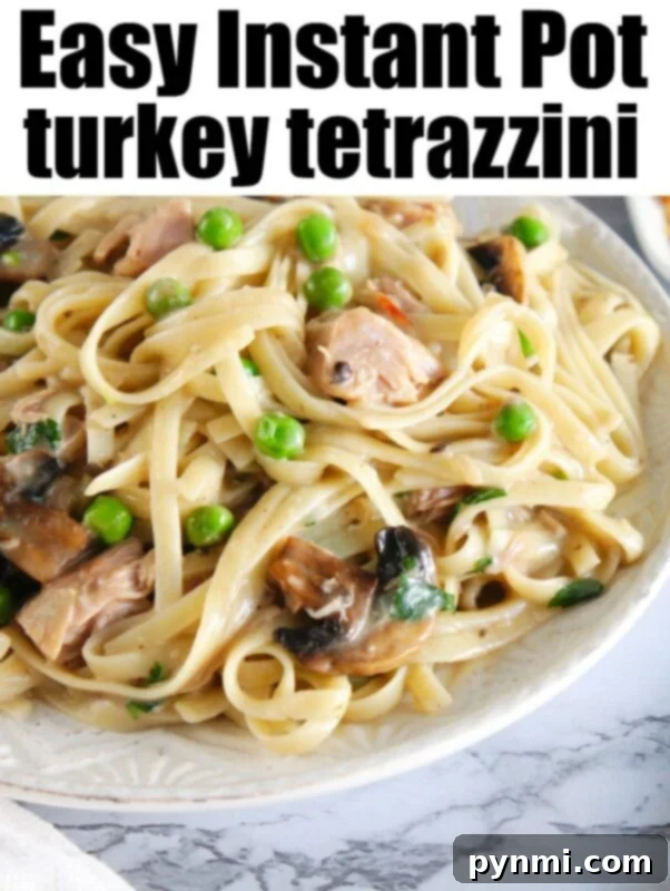 Instant Pot turkey tetrazzini is great using leftover turkey or rotisserie chicken! Cooked with tender noodles and vegetables all in one pot, you'll love it. #instantpotrecipes #turkeytetrazzini #leftoverturkeyrecipe #pressurecookerrecipes #instapot #instapotrecipes #instantpot Instant Pot turkey tetrazzini, a creamy and delicious meal made with tender noodles, mushrooms, peas, and savory leftover turkey.