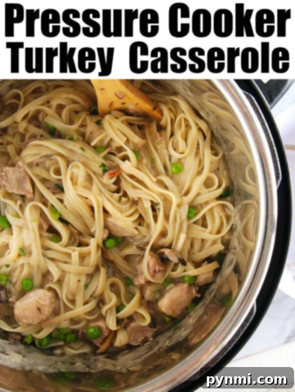 Instant Pot turkey tetrazzini is great using leftover turkey or rotisserie chicken! Cooked with tender noodles and vegetables all in one pot, you'll love it. #instantpotrecipes #turkeytetrazzini #leftoverturkeyrecipe #pressurecookerrecipes #instapot #instapotrecipes #instantpot Top-down view of Instant Pot Turkey Tetrazzini, a creamy casserole with peas and mushrooms, presented in the Instant Pot liner.