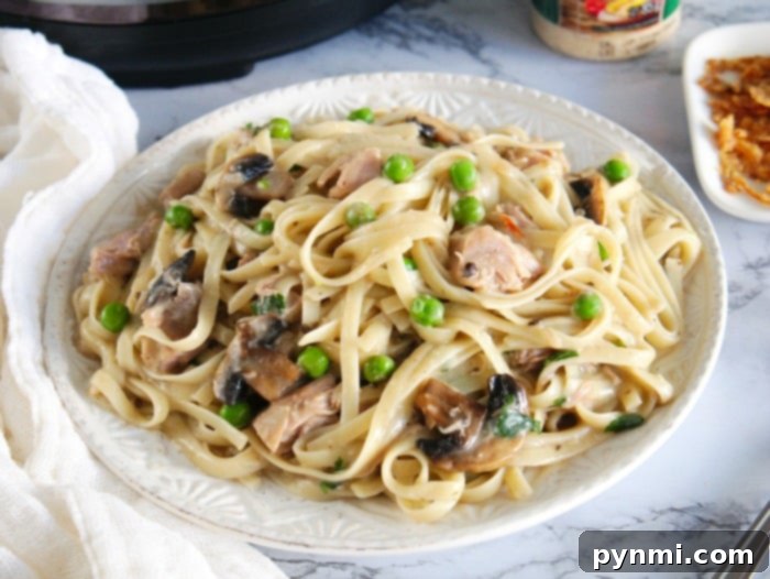 Creamy Instant Pot Turkey Tetrazzini 4 A hearty turkey casserole in an Instant Pot, showing the rich, creamy texture and generous portion sizes.