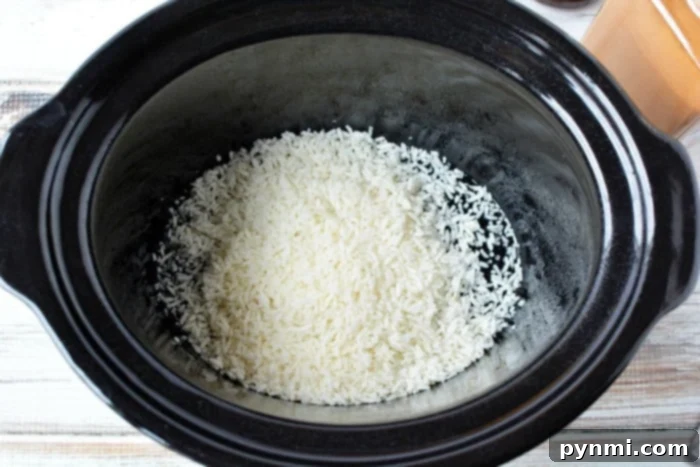 A close-up of a serving of homemade slow cooker rice pudding, perfectly creamy.