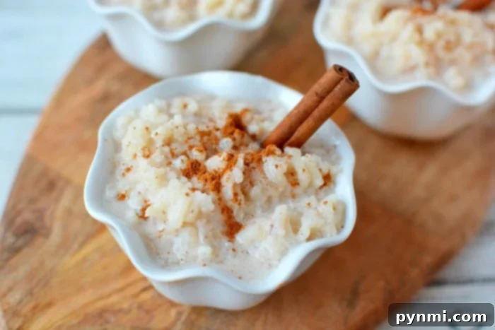 A spoonful of creamy slow cooker rice pudding being lifted from the Crockpot.