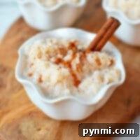 Creamy rice pudding in a crockpot, garnished with cinnamon.