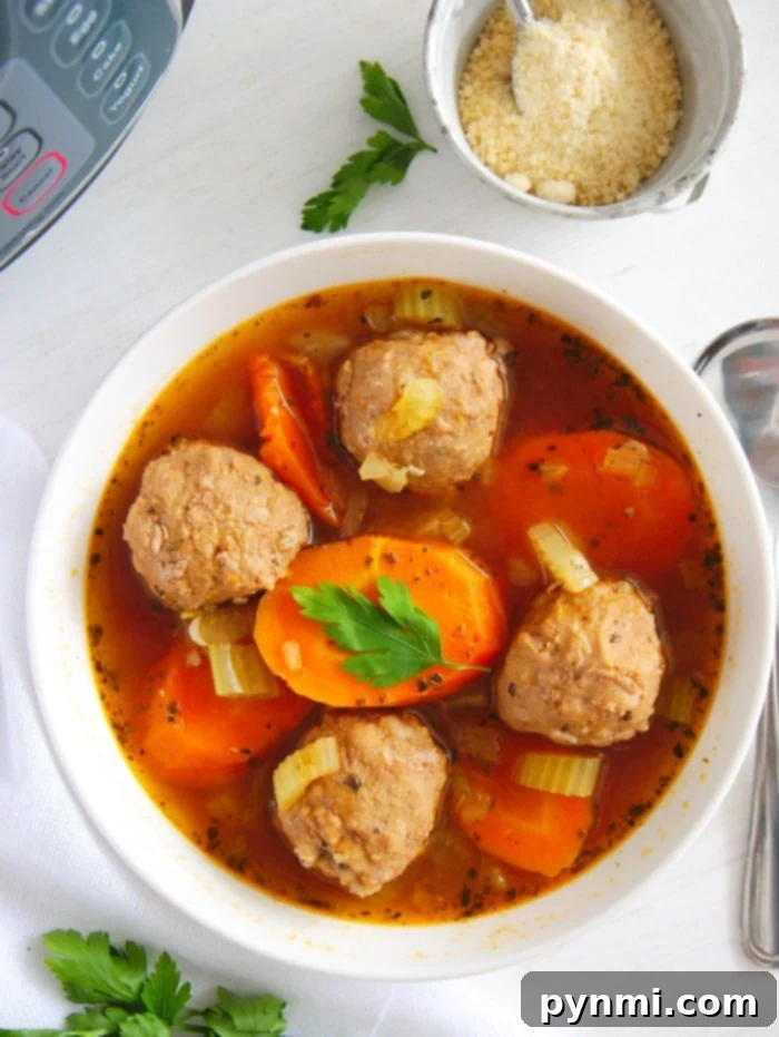 Instant Pot Meatball Soup, featuring tender meatballs and vibrant vegetables in a rich broth, garnished with fresh parsley. A perfect quick, healthy, low-carb, and keto-friendly dinner.