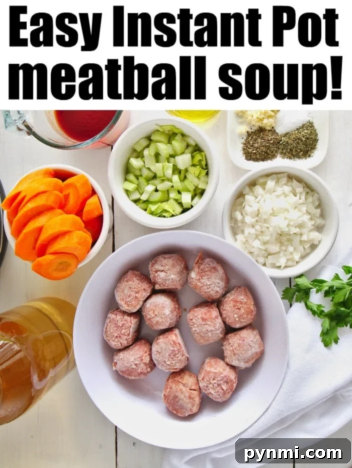 Close-up of a bowl of Instant Pot Meatball Soup, highlighting the rich broth, tender meatballs, and colorful vegetables like carrots and celery. Garnished with fresh herbs.