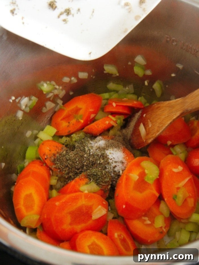A serving of healthy Instant Pot meatball soup in a bowl, showing the steamy goodness and colorful vegetable medley. Ideal for a quick, nutritious meal.