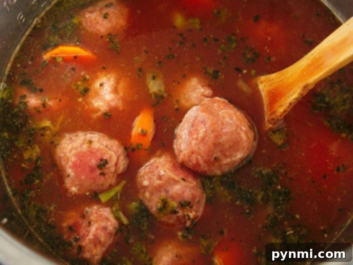 A bowl of Instant Pot meatball soup with frozen meatballs, showcasing the simplicity and deliciousness of the quick recipe. Garnish with a sprig of fresh herbs.