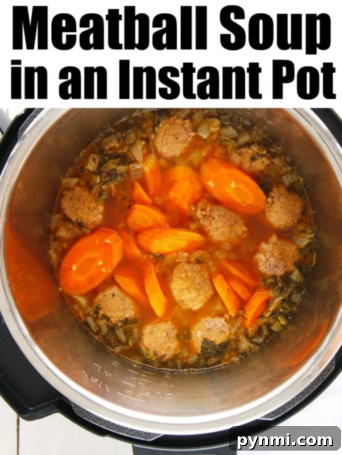 Keto-friendly Instant Pot meatball soup, a delicious and quick low-carb meal option for busy weeknights.