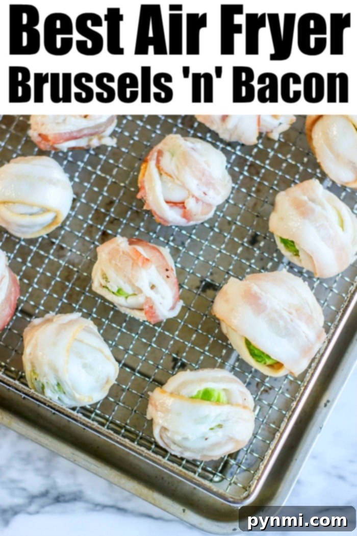 Brussel sprouts with bacon are the best air fryer appetizers! You can bake them in your oven too but get tender brussels with crisp bacon this way. #airfryerbrusselsprouts #brusselsprouts #bacon #brusselsproutsandbacon #airfryerrecipes #appetizer #ninjafoodirecipes Air fryer brussel sprouts with bacon on a serving dish