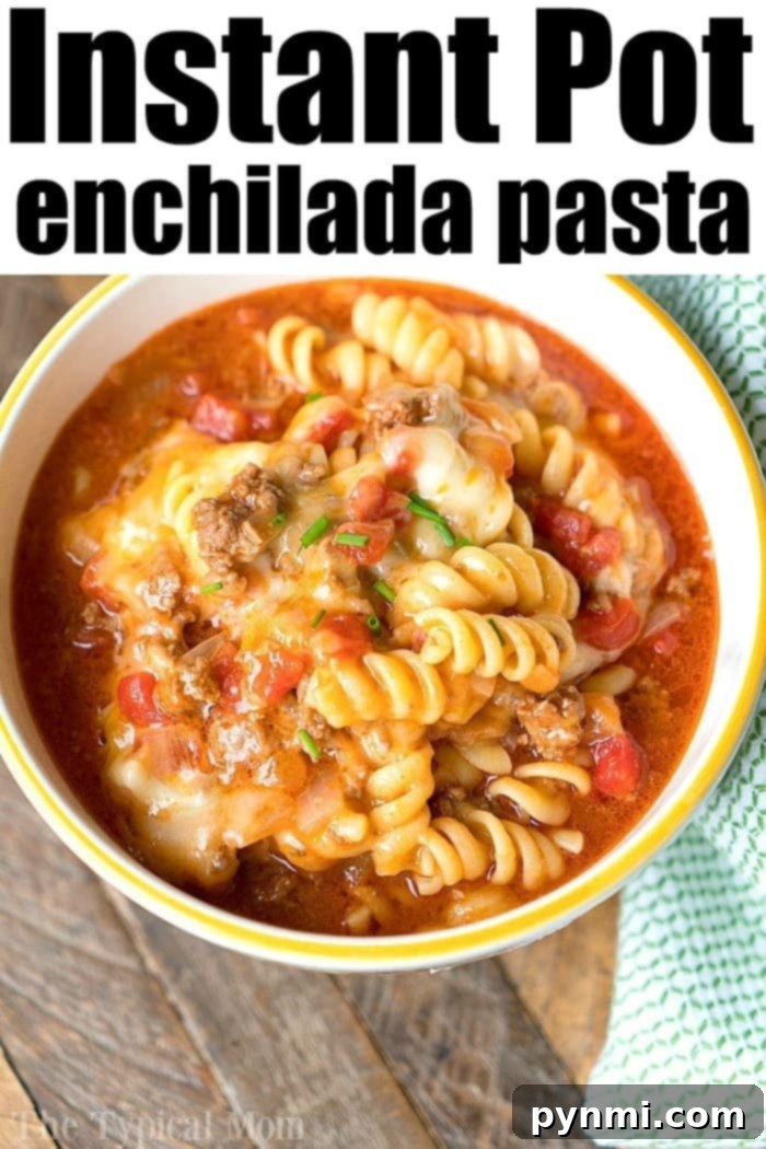 Easy Instant Pot enchilada casserole is a creamy pasta with ground beef or sausage and all the Mexican flavors you love. Cooked in 4 minutes, you'll want seconds. #instantpotrecipeseasy #instantpot #enchiladacasserole #instantpotpasta #enchiladapasta #thetypicalmom Instant Pot Enchilada Casserole, a close-up of the dish in a serving bowl.