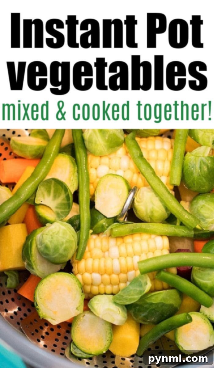A top-down view of a vibrant Instant Pot steamed vegetable medley, garnished and ready to serve. Instant Pot Vegetables Medley