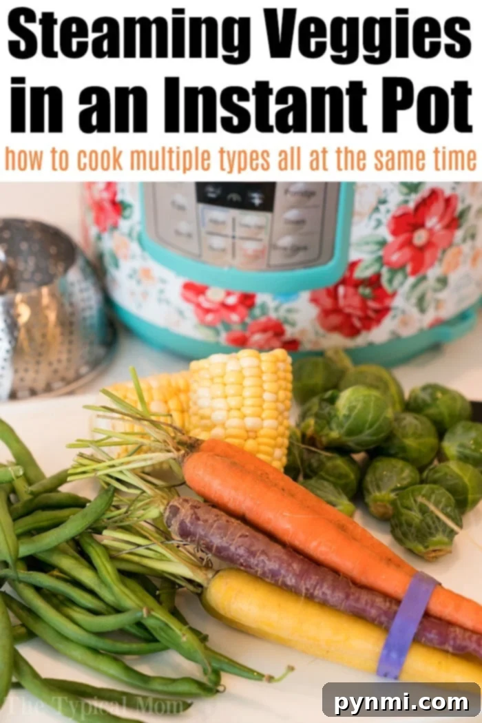 Instant Pot steamed vegetables are the perfect healthy side dish! Mixed veggies like corn, brussel sprouts, corn and green beans all cooked together y'all! #instantpot #instantpotrecipes #instantpotvegetables #mixedvegetables #pressurecookerecipes #thetypicalmom Instant Pot Steamed Vegetables