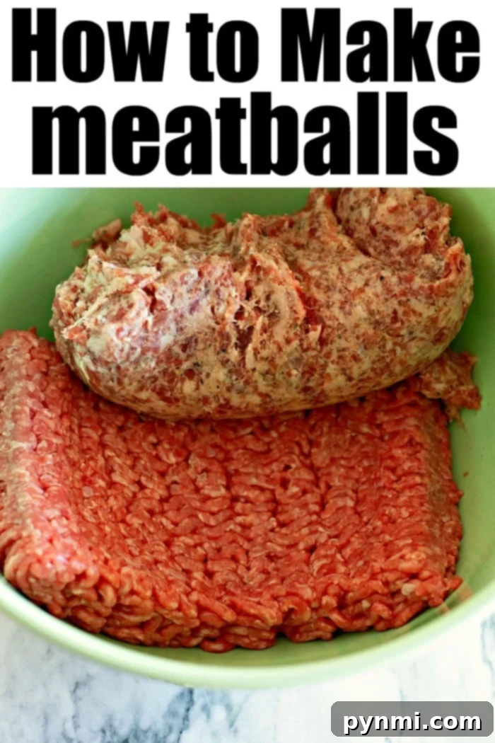 Simple Breadcrumb-Free Meatballs 3 How to make meatballs - A bowl of uncooked meatball mixture with ingredients around it