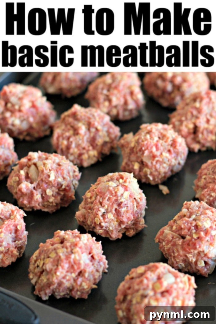 Simple Breadcrumb-Free Meatballs 5 Raw meatballs on a baking tray with the text How to Make Basic Meatballs above them.