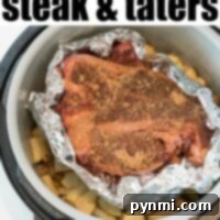 An image of a steak seasoned and nestled among foil-wrapped spuds inside a Ninja Foodi cooker. The text at the top reads Ninja Foodi steak & mashed potatoes, promising a delicious culinary adventure.