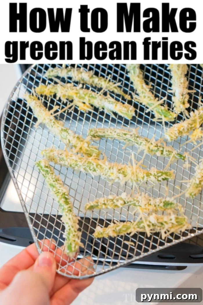 Air Fryer Green Bean Fries in the Power Air Fryer Pro - Best Large Air Fryer. A hand holding a metal rack with perfectly crispy air fryer green bean fries, ready to serve.
