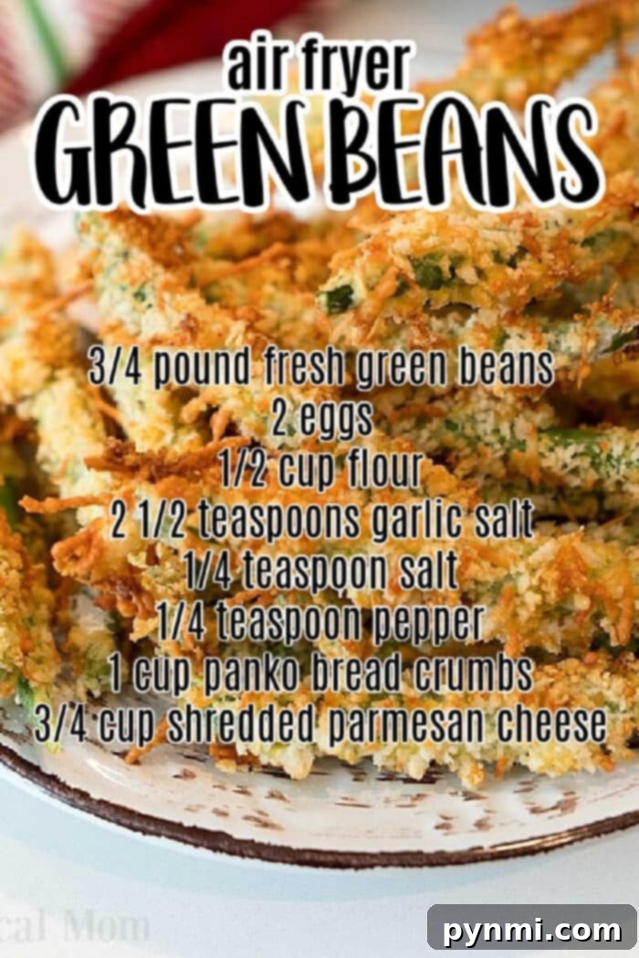 Air Fryer Crispy Green Beans 7 Plate of crispy Air Fryer Green Bean Fries with an overlaid recipe, featuring ingredients in bold text for easy reading.