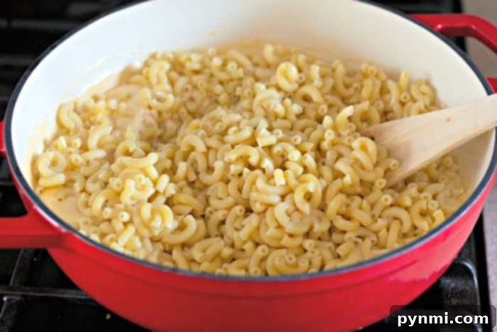 A large pot of perfectly cooked, creamy mac and cheese, ready to be dished out.