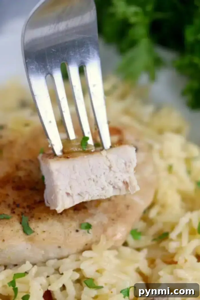 A fork holding a piece of cooked chicken over a plate of seasoned rice garnished with chopped herbs, evoking flavors as delightful as the best baked pork chops. A sprig of fresh parsley is visible in the background.