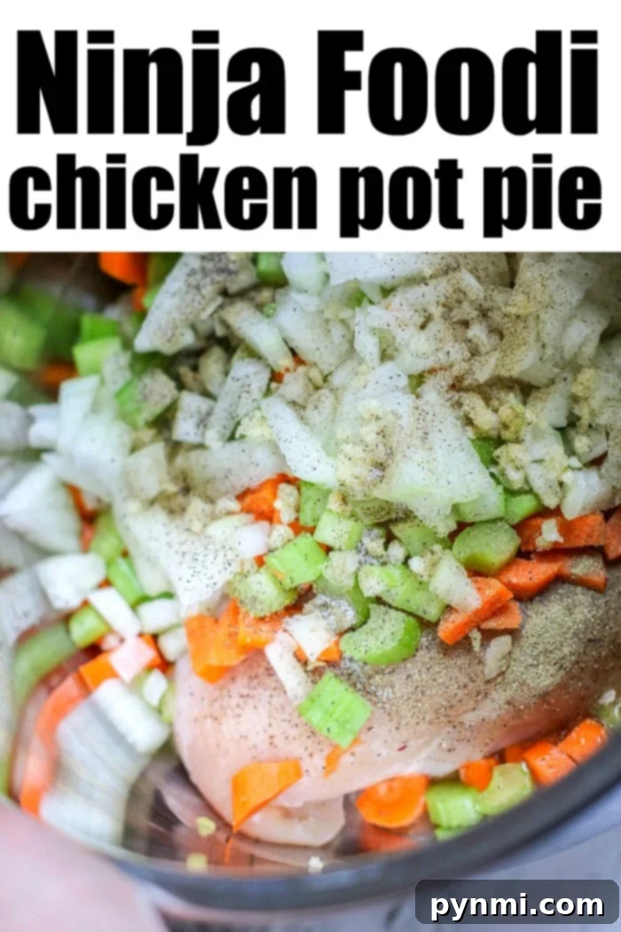 Ninja Foodi chicken pot pie with a golden biscuit crust.