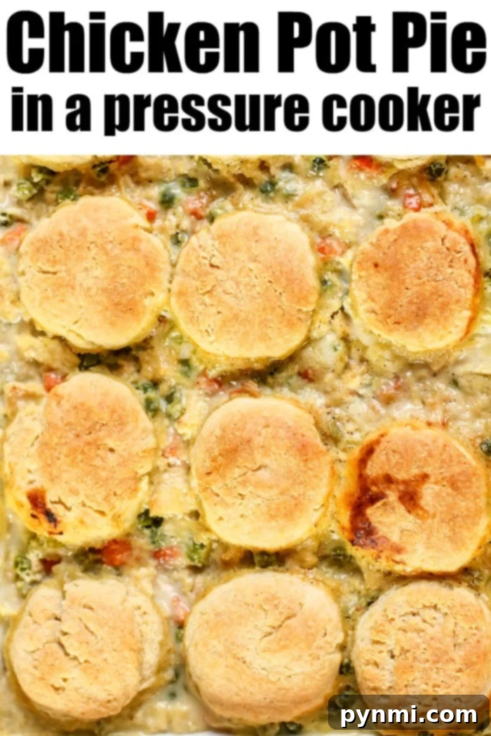 Pressure cooker chicken pot pie bubbling with a golden biscuit topping.