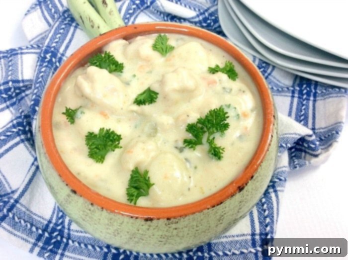 A ceramic bowl of creamy Instant Pot gnocchi soup, generously garnished with fresh parsley, elegantly displayed on a blue and white checkered cloth. A stack of pristine white plates completes the inviting scene in the background.