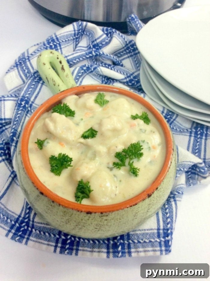 A large pot of steaming hot Chicken Gnocchi Soup, showcasing its creamy texture and hearty ingredients, with fresh herbs sprinkled on top.