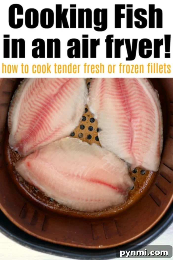 Three raw fish fillets rest inside an air fryer basket, demonstrating how easy it is to cook fresh or frozen fish in an air fryer with clear, concise instructions, making healthy, low-carb seafood meals accessible.