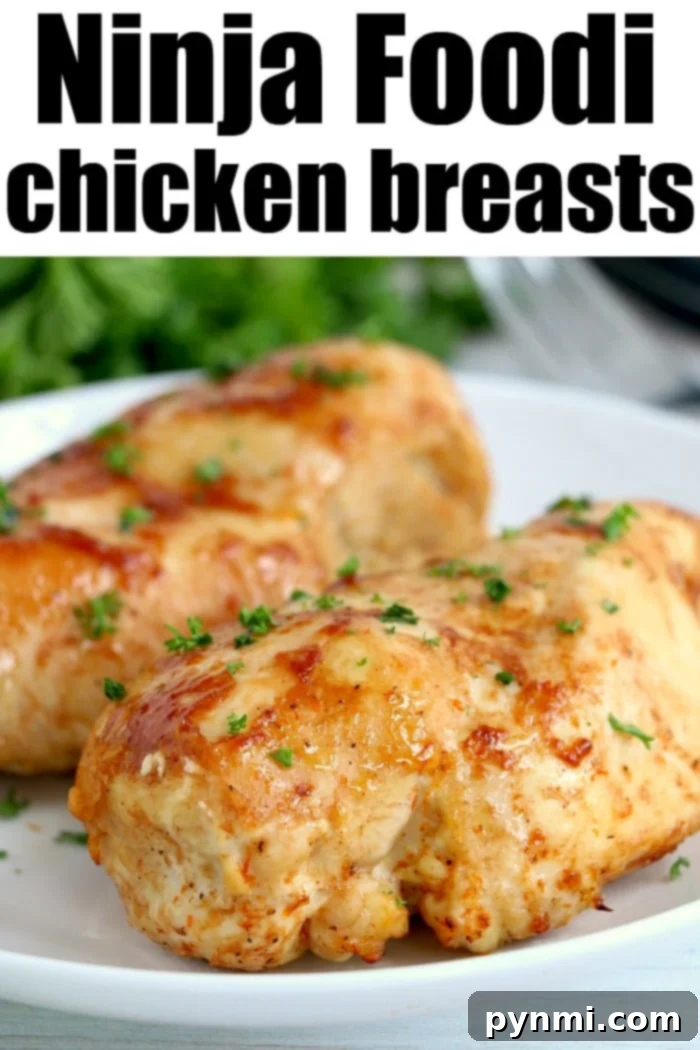 Close-up of two perfectly cooked chicken breasts on a white plate, garnished with chopped herbs, demonstrating the tender results from a Ninja Foodi. The text at the top reads, "Ninja Foodi Magic: Tender Chicken Breasts.