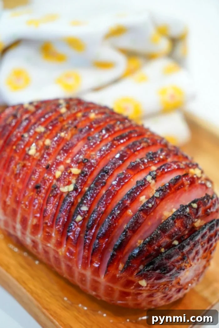 Close-up of a perfectly glazed, roasted air fryer ham with beautifully scored lines on a rustic wooden board, with a patterned cloth in the background, making it a centerpiece for any low-carb holiday meal.