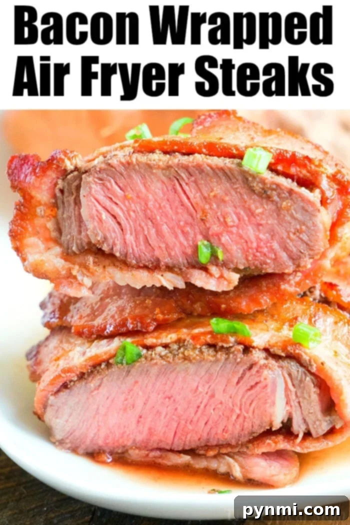 Perfectly cooked, sliced bacon-wrapped air fryer steaks, topped with fresh green onions, are beautifully presented on a plate, highlighting a low-carb gourmet meal.