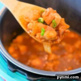 A spoonful of spicy chicken stew with green onions above a blue pot, perfect for warming up with one of those hearty January instant pot recipes.