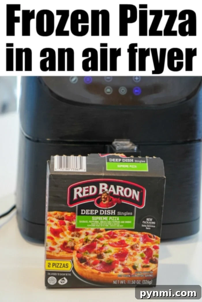 Air Fry Your Frozen Pizza to Perfection 9 A box of Red Baron Deep Dish Singles Supreme Pizza sits enticingly in front of a sleek, black air fryer with a digital display. Above the image, the text reads: "Frozen pizza perfection in an air fryer.