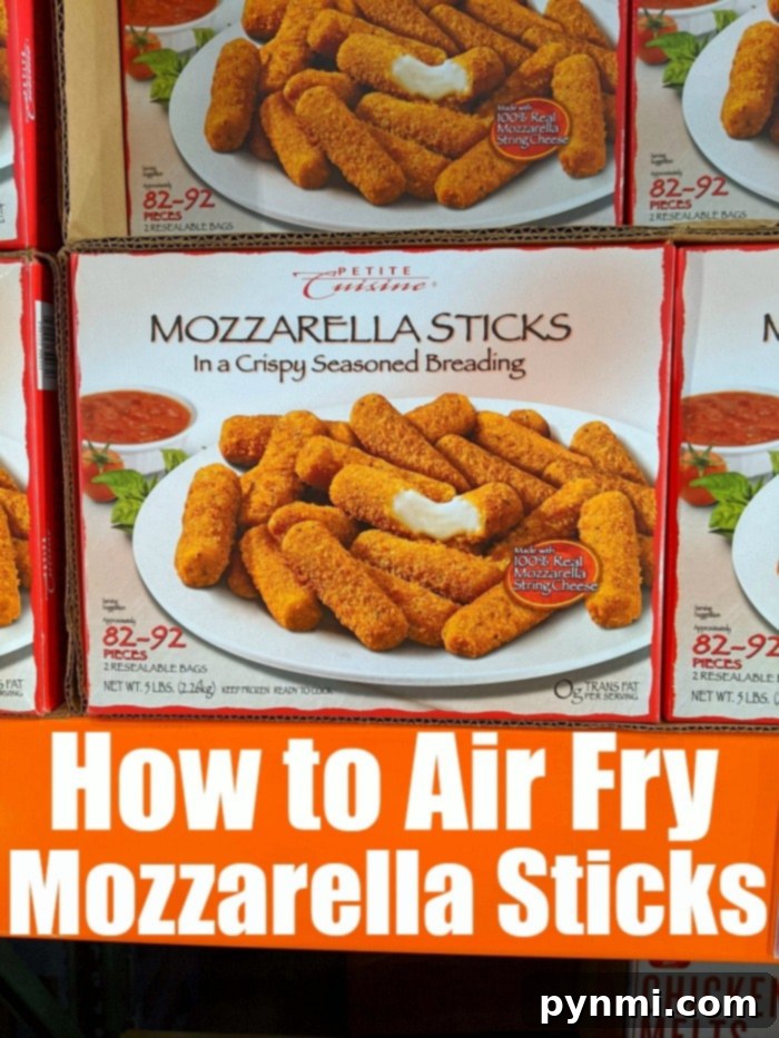Air fryer mozzarella sticks from Costco, perfectly crispy and gooey, an ideal quick appetizer.