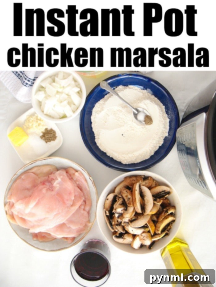 Close-up of a bowl of Instant Pot Chicken Marsala, showcasing the tender chicken and rich, creamy mushroom sauce.