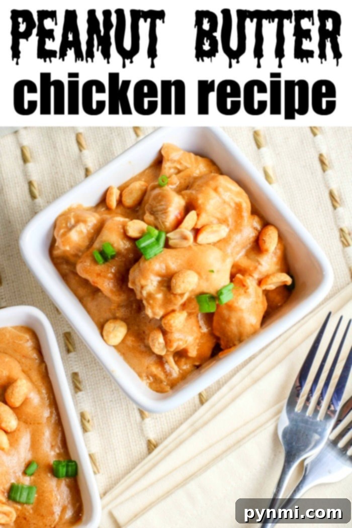 Velvety Peanut Butter Chicken 2 A delicious Instant Pot peanut butter chicken recipe featuring a bowl of tender chicken garnished with crushed peanuts and fresh green onions, with a fork placed invitingly beside it, ready to be enjoyed.
