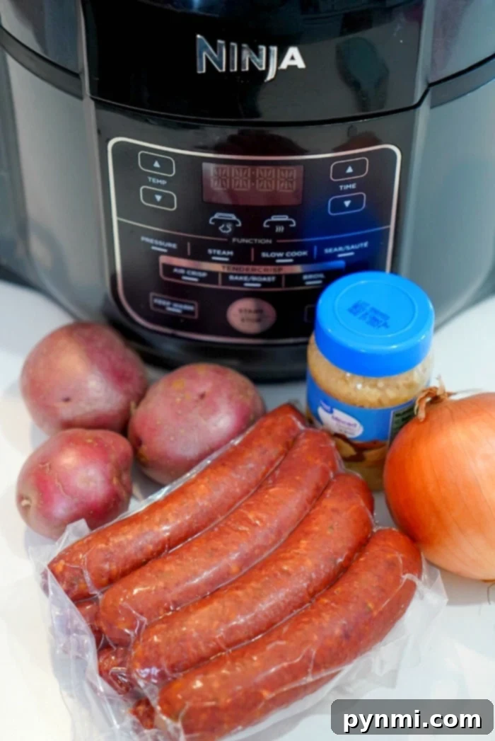 A serving of air fryer sausage and potatoes with onions, ready to eat
